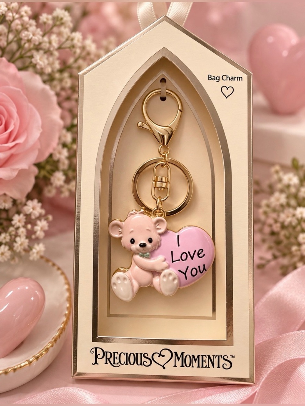 Precious Moments Pink Bear "I Love You" Heart Bag Charm Keychain Gold